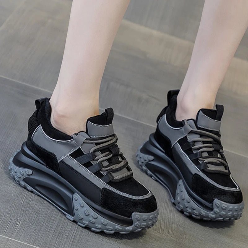 Elegant Rubber Genuine Leather Platform Wedge Chunky Shoes