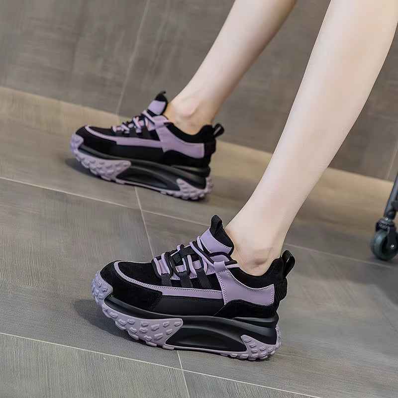 Elegant Rubber Genuine Leather Platform Wedge Chunky Shoes