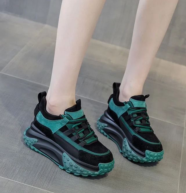 Elegant Rubber Genuine Leather Platform Wedge Chunky Shoes