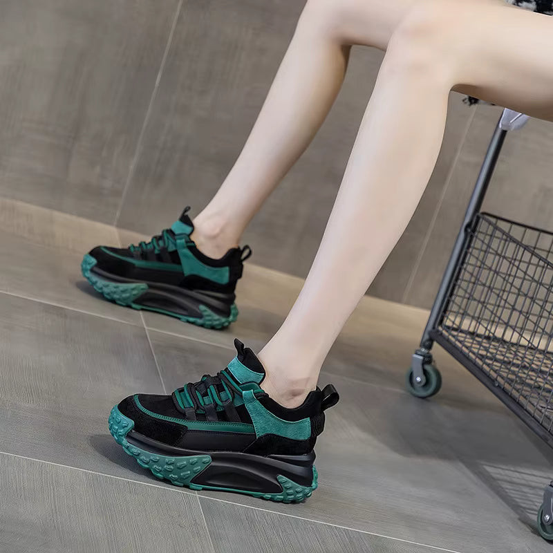Elegant Rubber Genuine Leather Platform Wedge Chunky Shoes