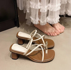 Elegant Rubber Metal Clip Toe Pull On Thick Square Heels Slide Sandal