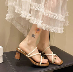 Elegant Rubber Metal Clip Toe Pull On Thick Square Heels Slide Sandal