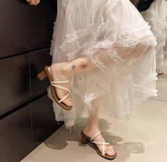 Elegant Rubber Metal Clip Toe Pull On Thick Square Heels Slide Sandal