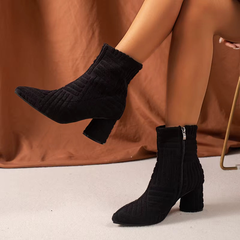 Elegant SLIP-ON Pointed Denim Square Heel Side Zipper Ankle Boots