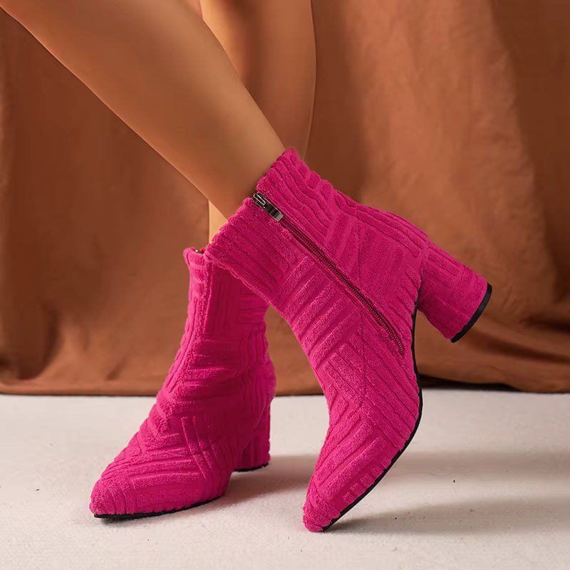 Elegant SLIP-ON Pointed Denim Square Heel Side Zipper Ankle Boots