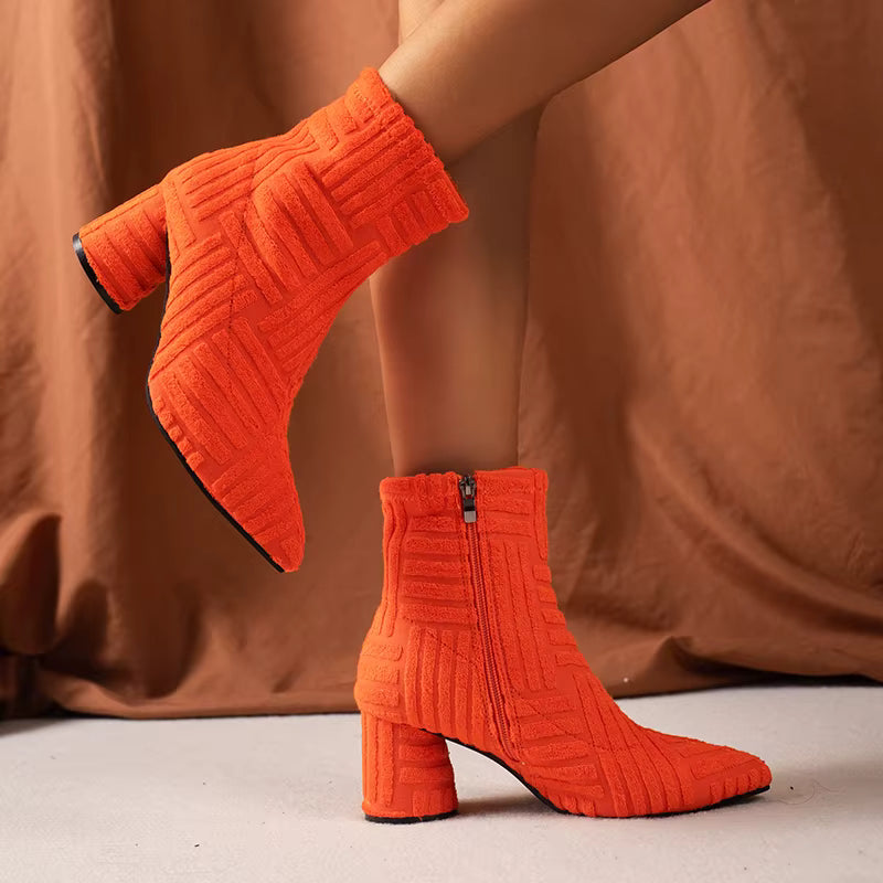 Elegant SLIP-ON Pointed Denim Square Heel Side Zipper Ankle Boots