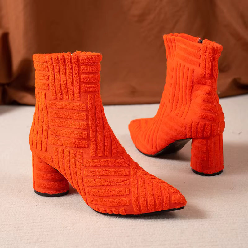 Elegant SLIP-ON Pointed Denim Square Heel Side Zipper Ankle Boots