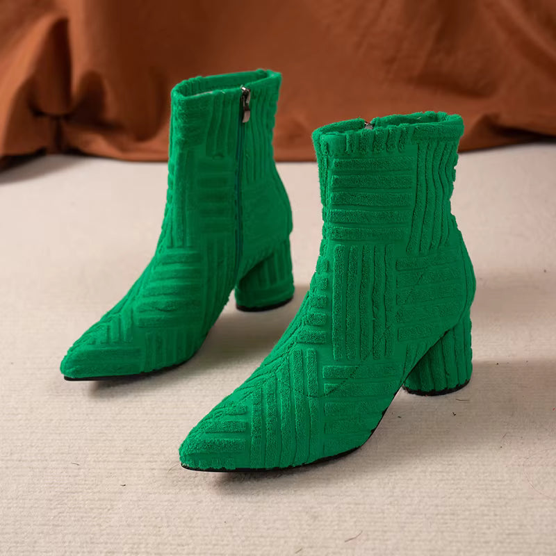 Elegant SLIP-ON Pointed Denim Square Heel Side Zipper Ankle Boots