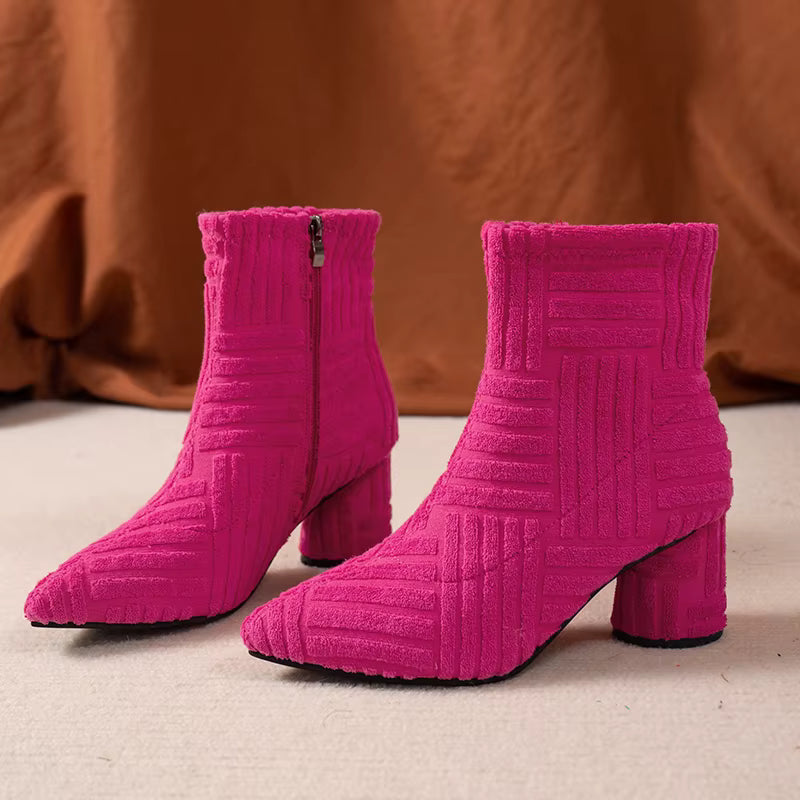 Elegant SLIP-ON Pointed Denim Square Heel Side Zipper Ankle Boots