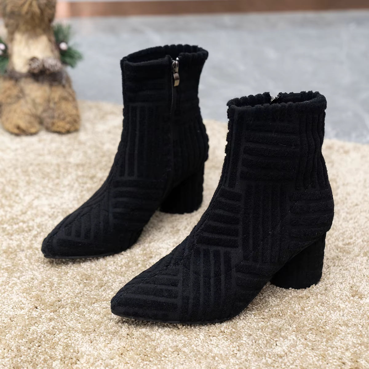 Elegant SLIP-ON Pointed Denim Square Heel Side Zipper Ankle Boots