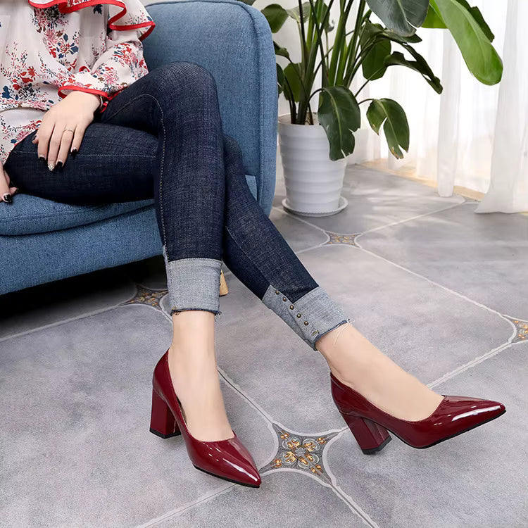 Elegant SLIP-ON Pointed Shallow Mouth Thick-heeled Plus Size Shoes