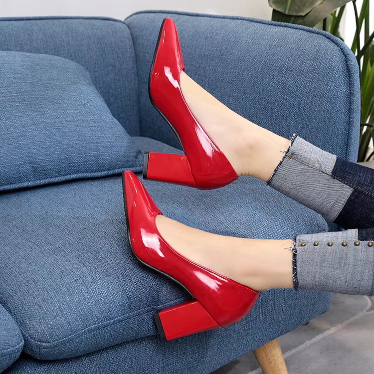 Elegant SLIP-ON Pointed Shallow Mouth Thick-heeled Plus Size Shoes