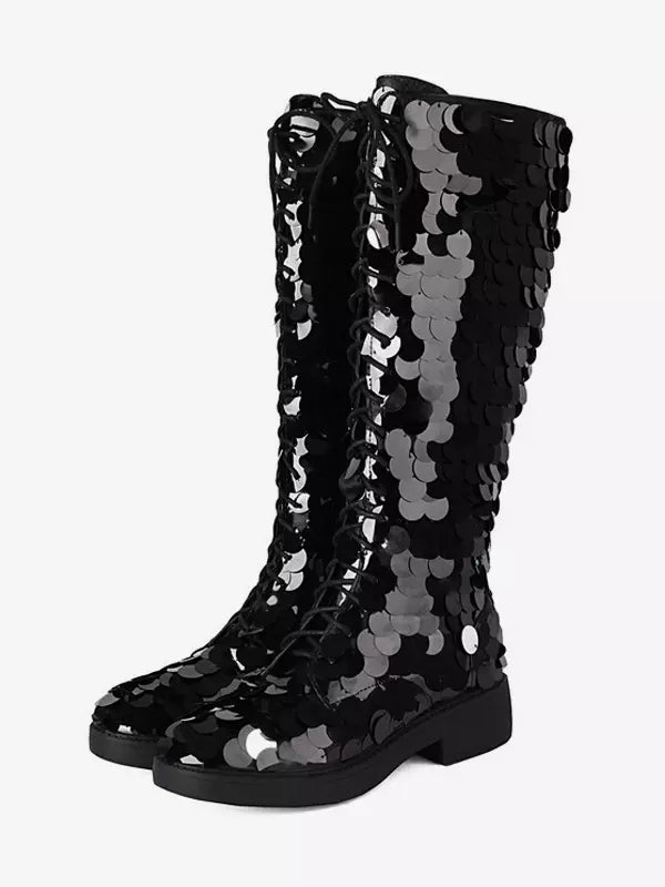 Elegant Sequined Knee High Polyurethane Lace Up Round Toe Flat Boots