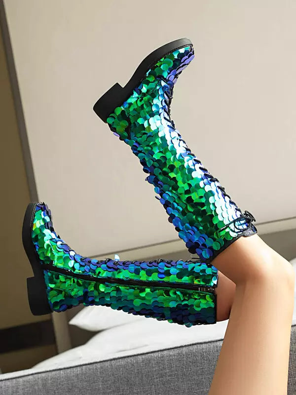 Elegant Sequined Knee High Polyurethane Lace Up Round Toe Flat Boots