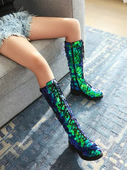 Elegant Sequined Knee High Polyurethane Lace Up Round Toe Flat Boots