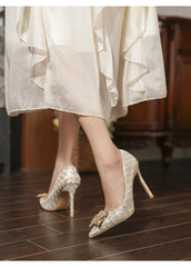 Elegant Shallow Breathable Satin Gold Rhinestone High Heels