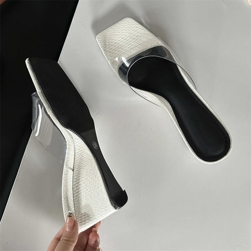 Elegant Shallow PVC Transparent Wedge Square Toe High Heels Sandal