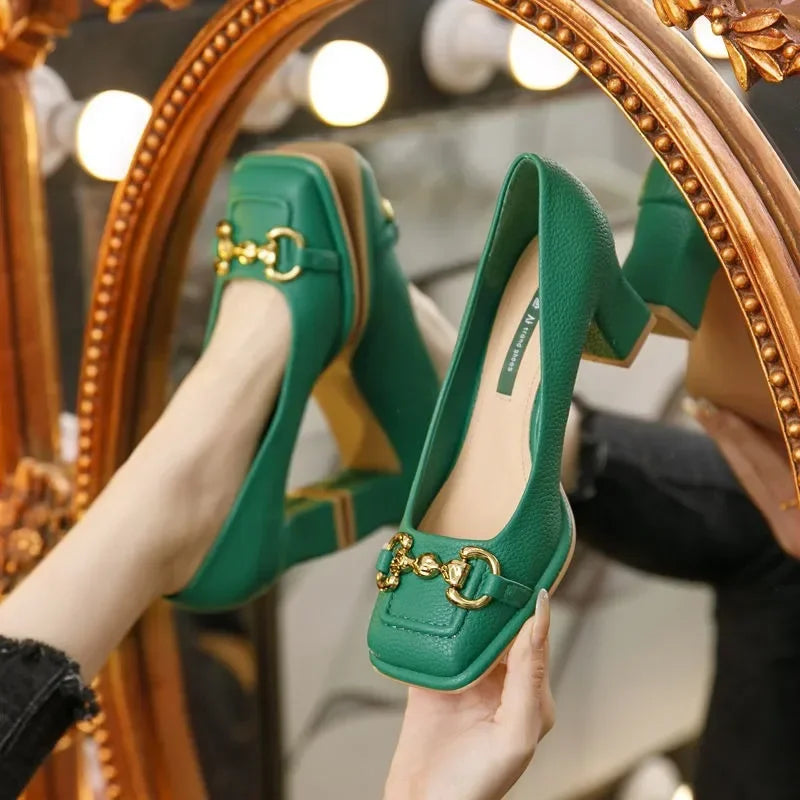 Elegant Shallow Rubber Thick Square Slip-On High Heel Sandals