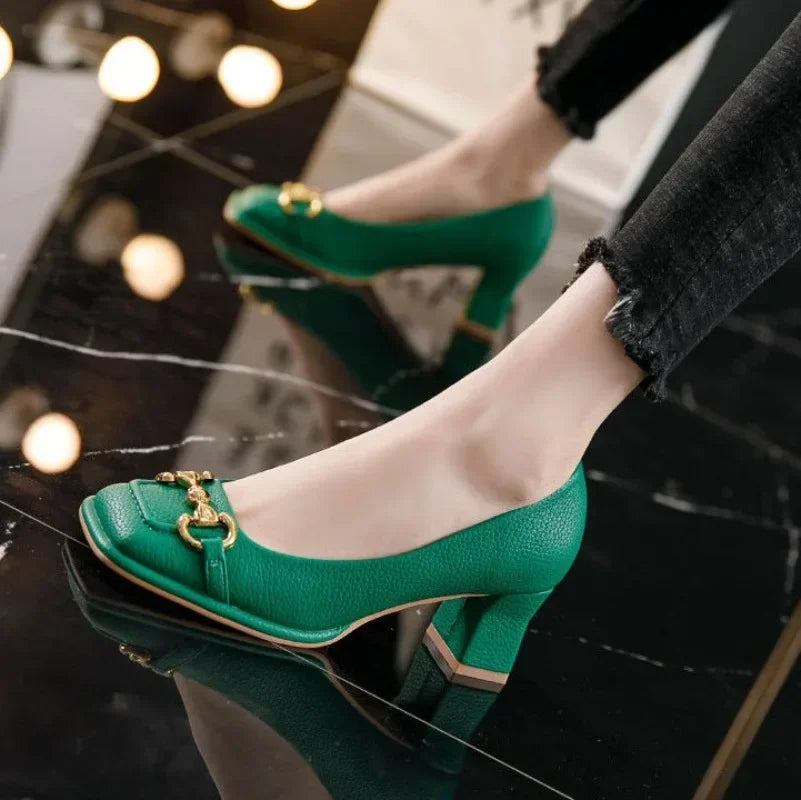 Elegant Shallow Rubber Thick Square Slip-On High Heel Sandals