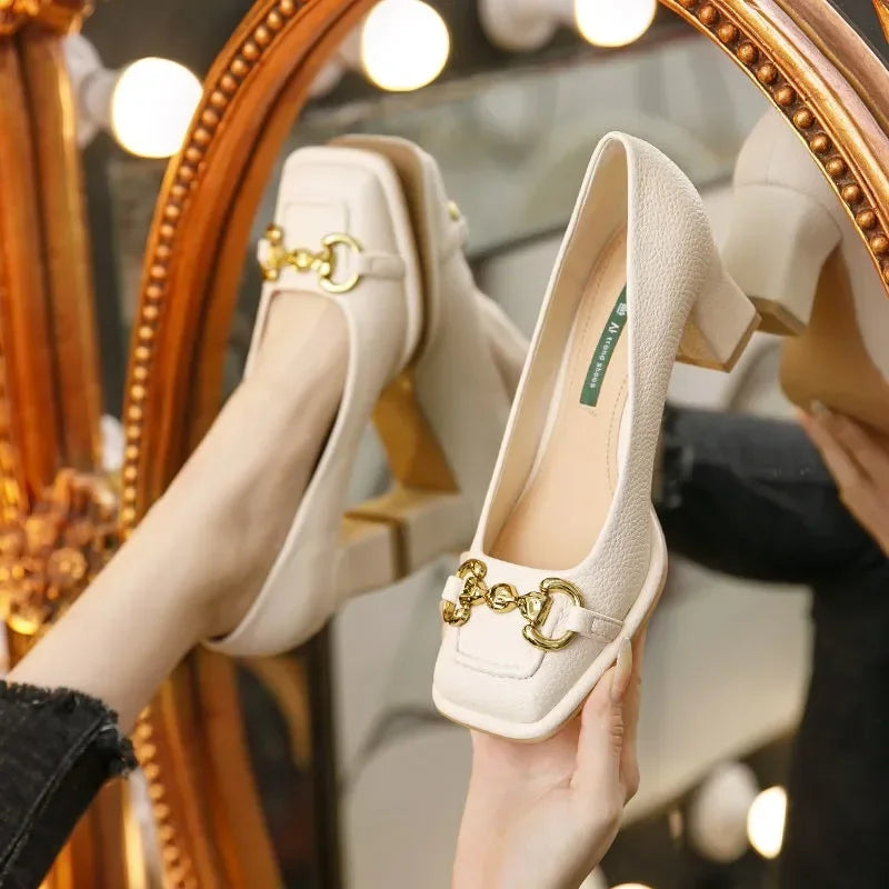 Elegant Shallow Rubber Thick Square Slip-On High Heel Sandals