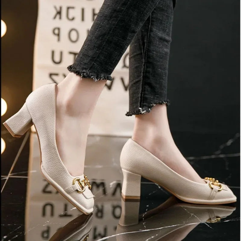 Elegant Shallow Rubber Thick Square Slip-On High Heel Sandals