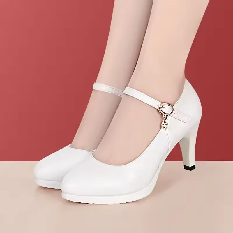 Elegant Shallow Thick Bottom Genuine Leather Platform Block High Heels