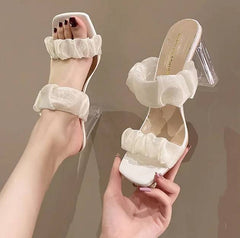 Elegant Shallow Transparent Crystal Chunky Sandals High Heels