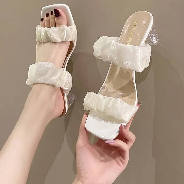 Elegant Shallow Transparent Crystal Chunky Sandals High Heels