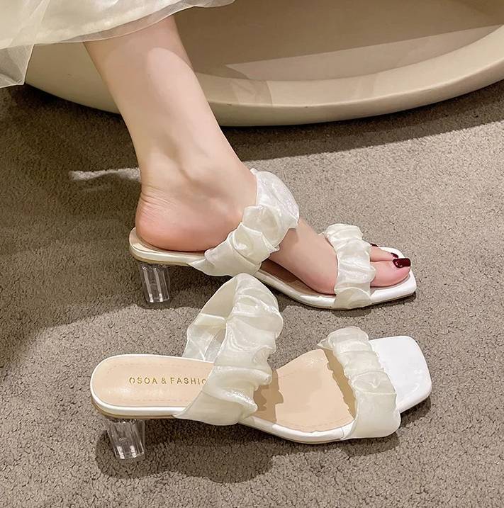 Elegant Shallow Transparent Crystal Chunky Sandals High Heels