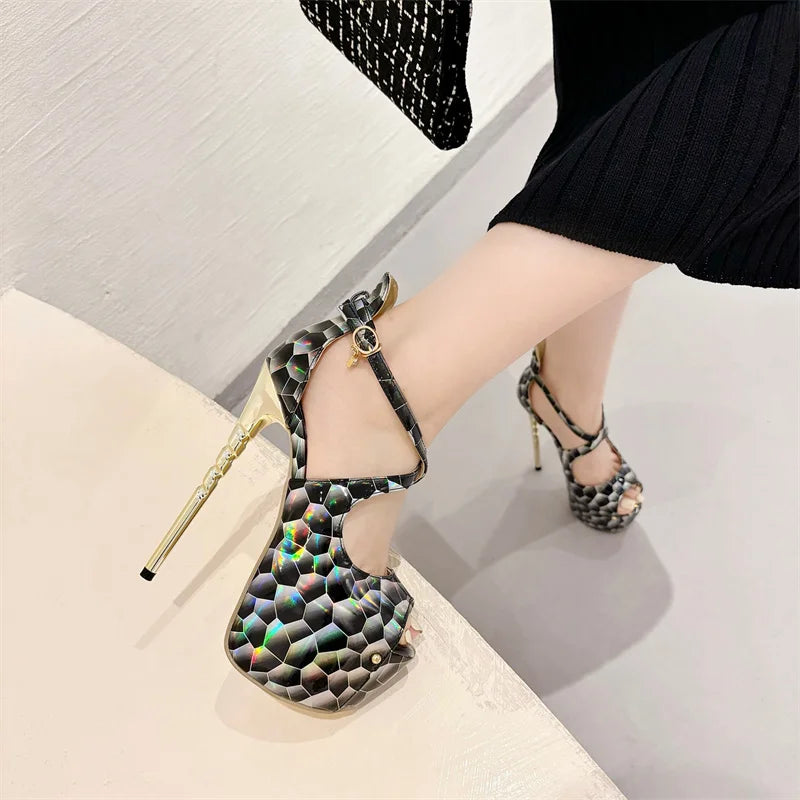 Elegant Snake Print Peep Toe Buckle Strap Platform Evening Party High Heels