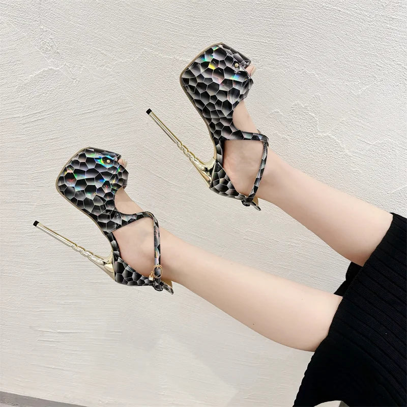 Elegant Snake Print Peep Toe Buckle Strap Platform Evening Party High Heels