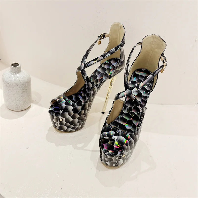 Elegant Snake Print Peep Toe Buckle Strap Platform Evening Party High Heels