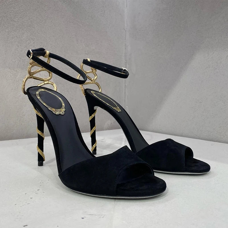 Elegant Snake Wrap Stiletto Open Shallow One Word Belted Ankle Strap Heel