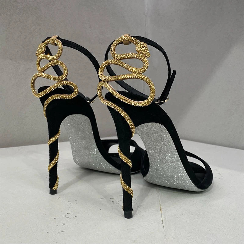 Elegant Snake Wrap Stiletto Open Shallow One Word Belted Ankle Strap Heel