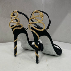 Elegant Snake Wrap Stiletto Open Shallow One Word Belted Ankle Strap Heel