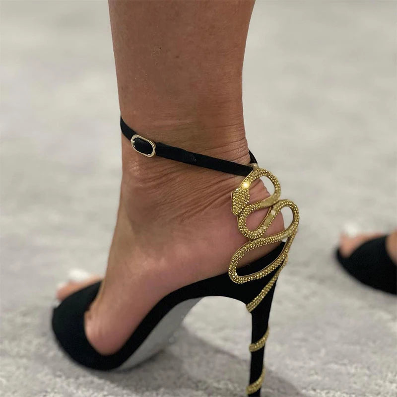 Elegant Snake Wrap Stiletto Open Shallow One Word Belted Ankle Strap Heel