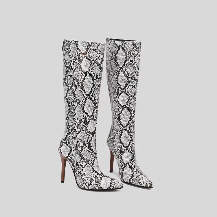 Elegant Snakeskin Print with Zipper Pointy Toe Short Plush Knee High Long Boots