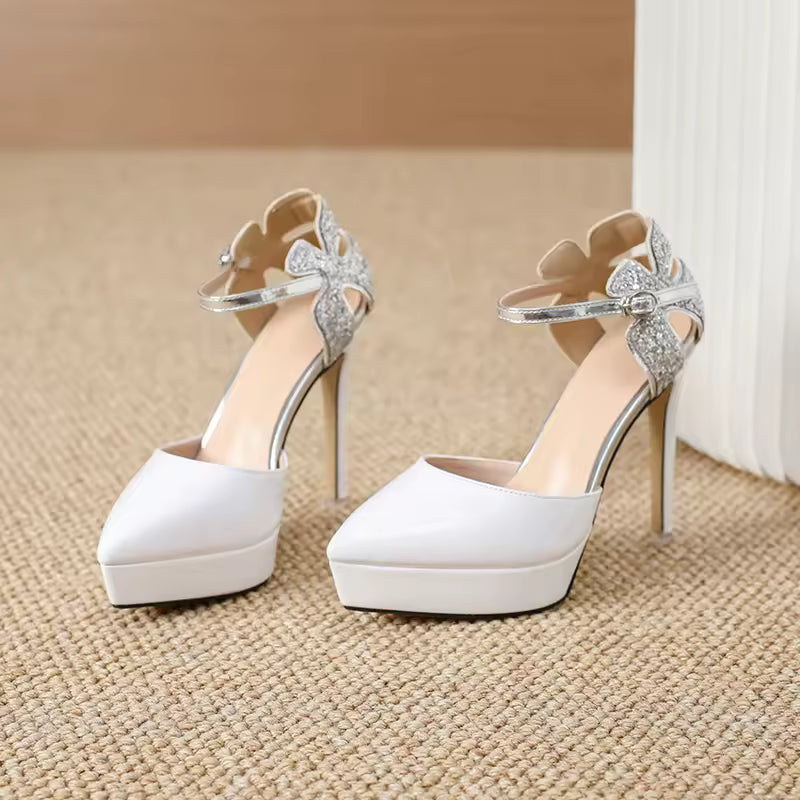 Elegant Soft Leather Bubble Bag Platform Girding Buckle Super High Thin Heels Sandals