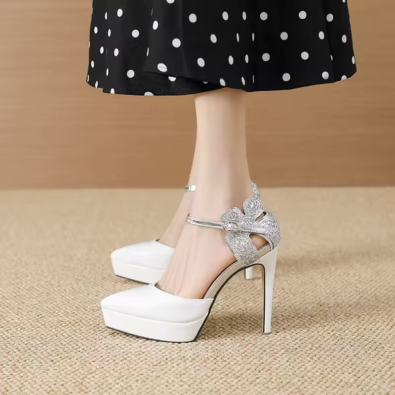 Elegant Soft Leather Bubble Bag Platform Girding Buckle Super High Thin Heels Sandals
