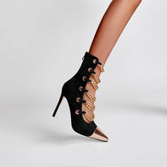 Elegant Solid Metal Chain Pointed Microfiber High Heels Mid-Calf Boots