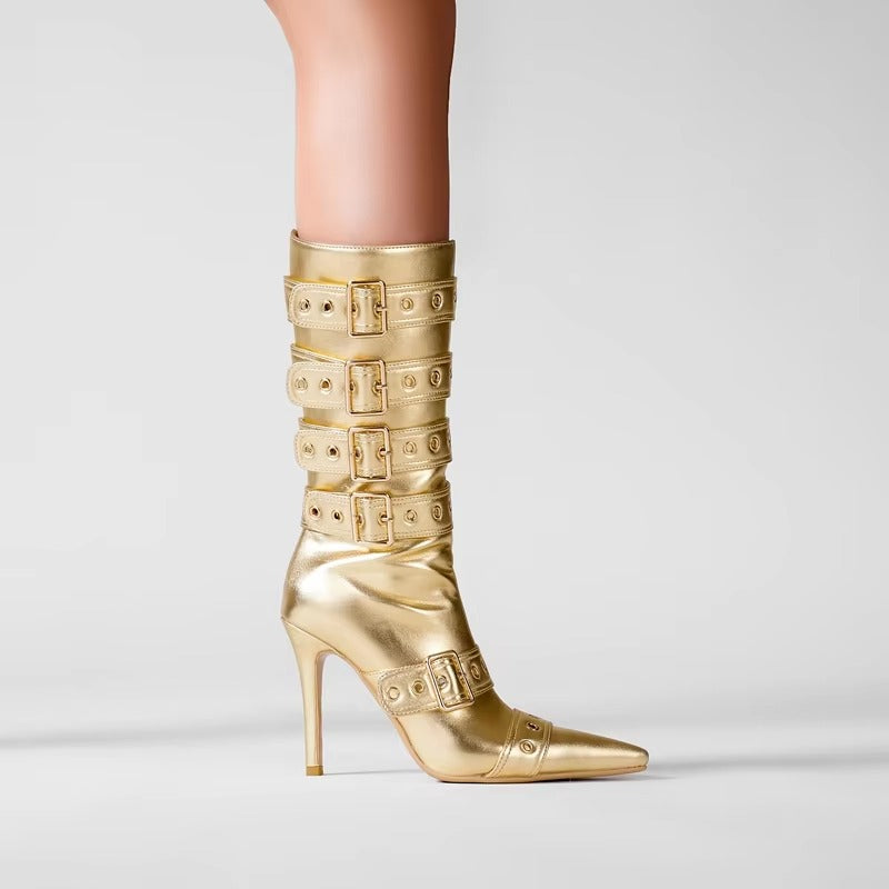 Elegant Solid Pointed Belt Buckle microfiber Party Club High Heel Tube Boots