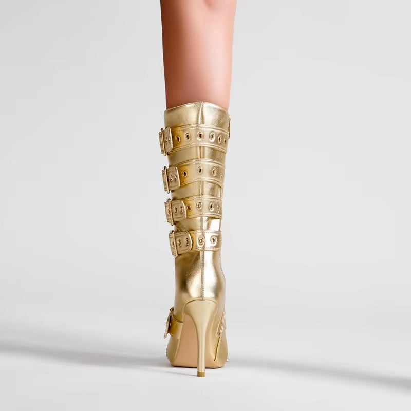 Elegant Solid Pointed Belt Buckle microfiber Party Club High Heel Tube Boots