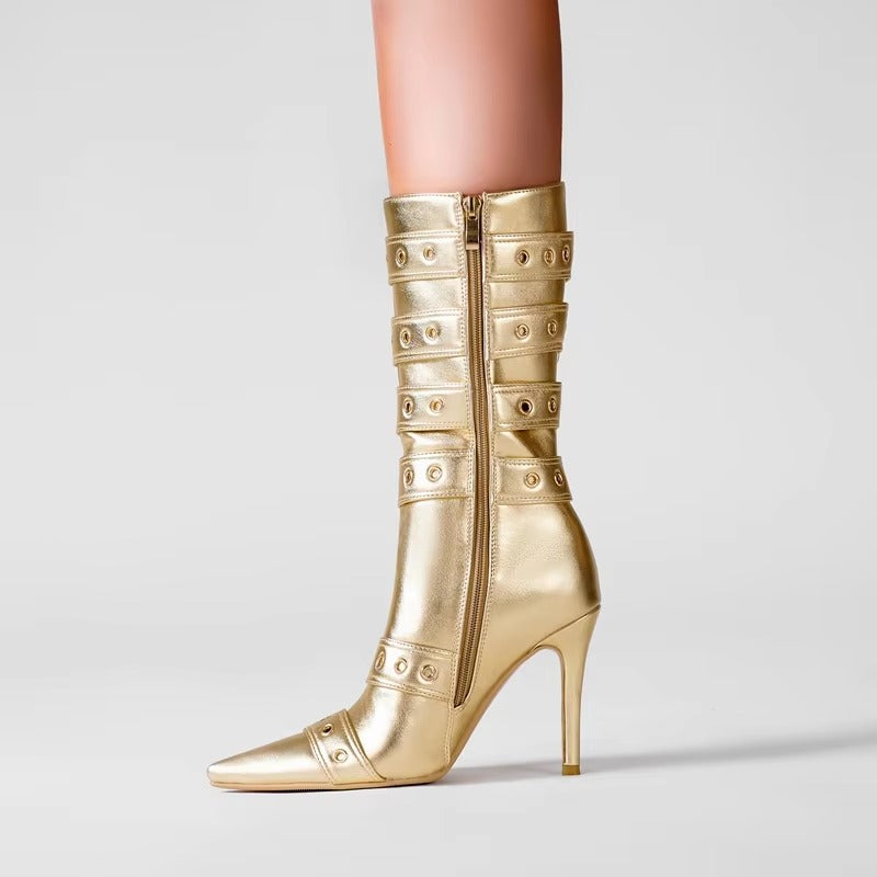 Elegant Solid Pointed Belt Buckle microfiber Party Club High Heel Tube Boots