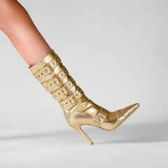 Elegant Solid Pointed Belt Buckle microfiber Party Club High Heel Tube Boots