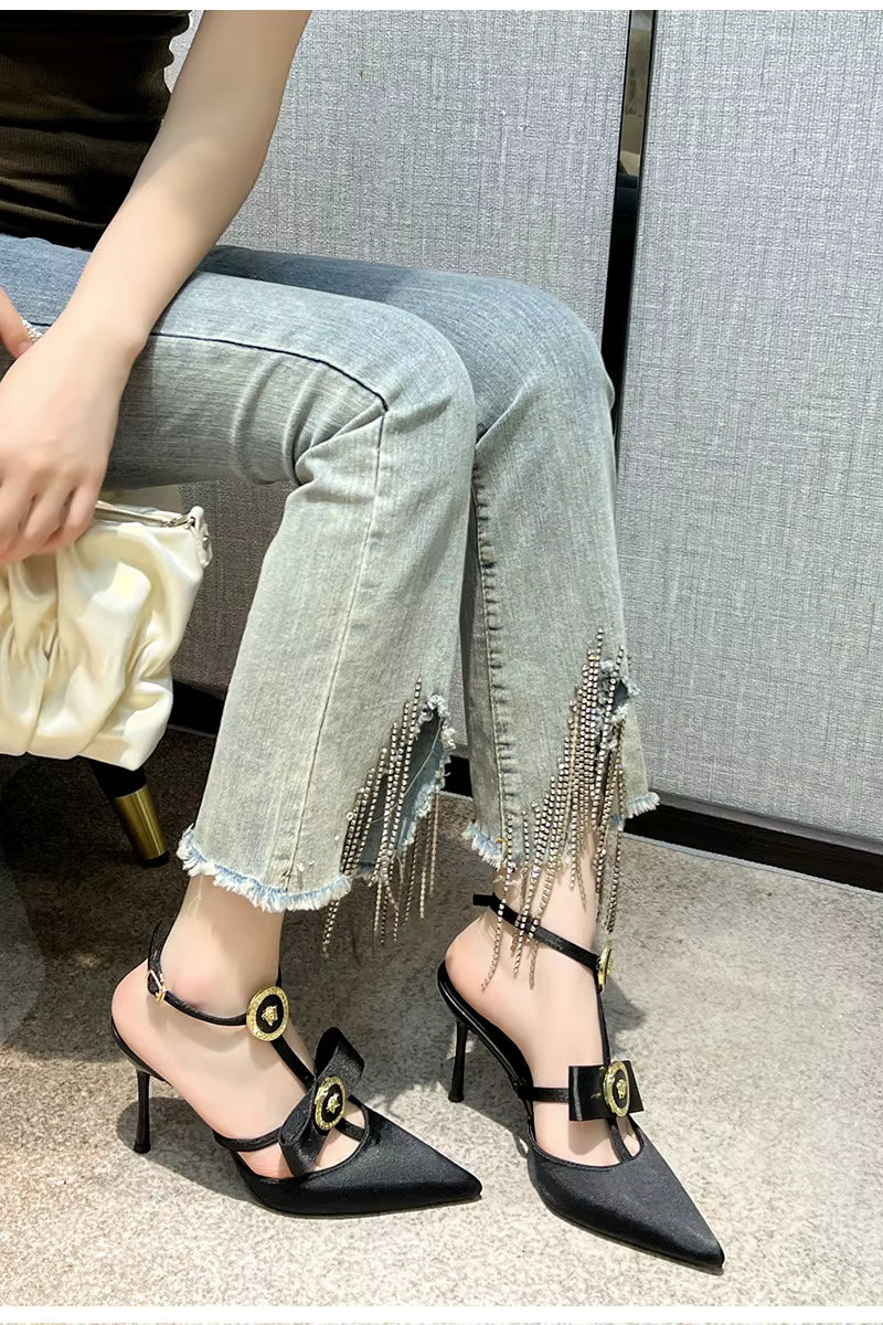 Elegant Solid Pointed Toe Shallow Bowknot Heeled High Heels