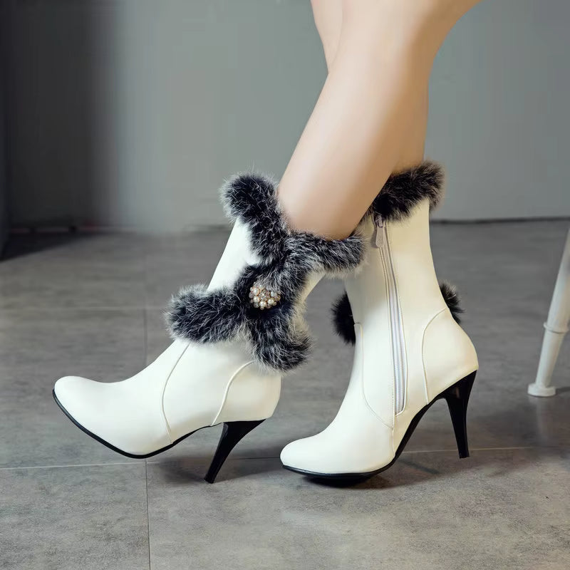 Elegant Solid Rabbit fur Round Toe thin heels knee-high warm boots