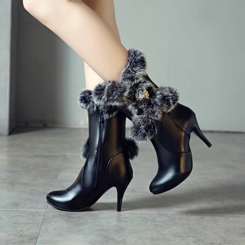Elegant Solid Rabbit fur Round Toe thin heels knee-high warm boots