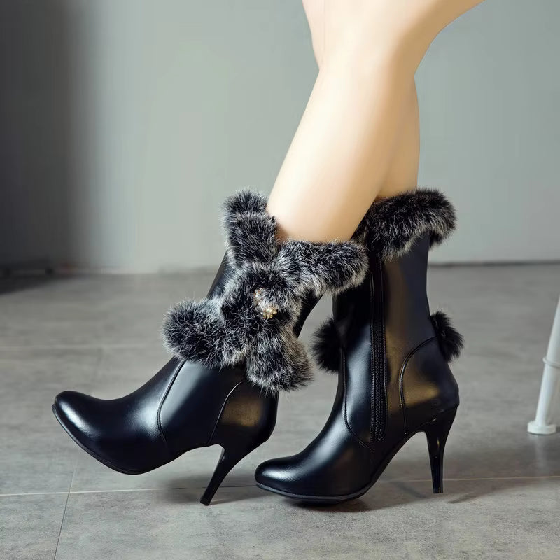Elegant Solid Rabbit fur Round Toe thin heels knee-high warm boots