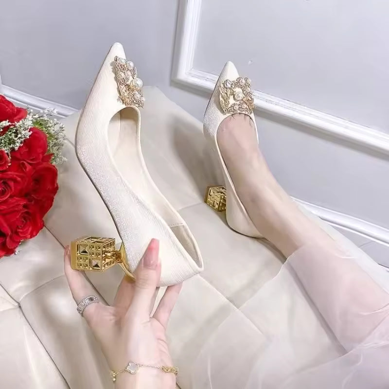 Elegant Square Pointed Toe Block Heel Chunky High Heels Pumps