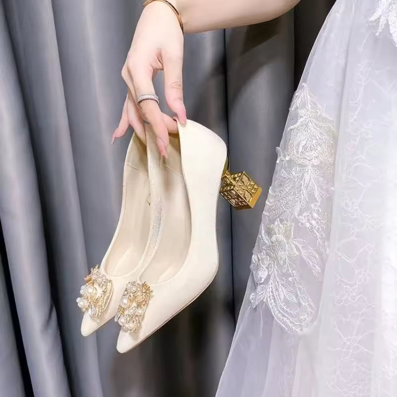 Elegant Square Pointed Toe Block Heel Chunky High Heels Pumps
